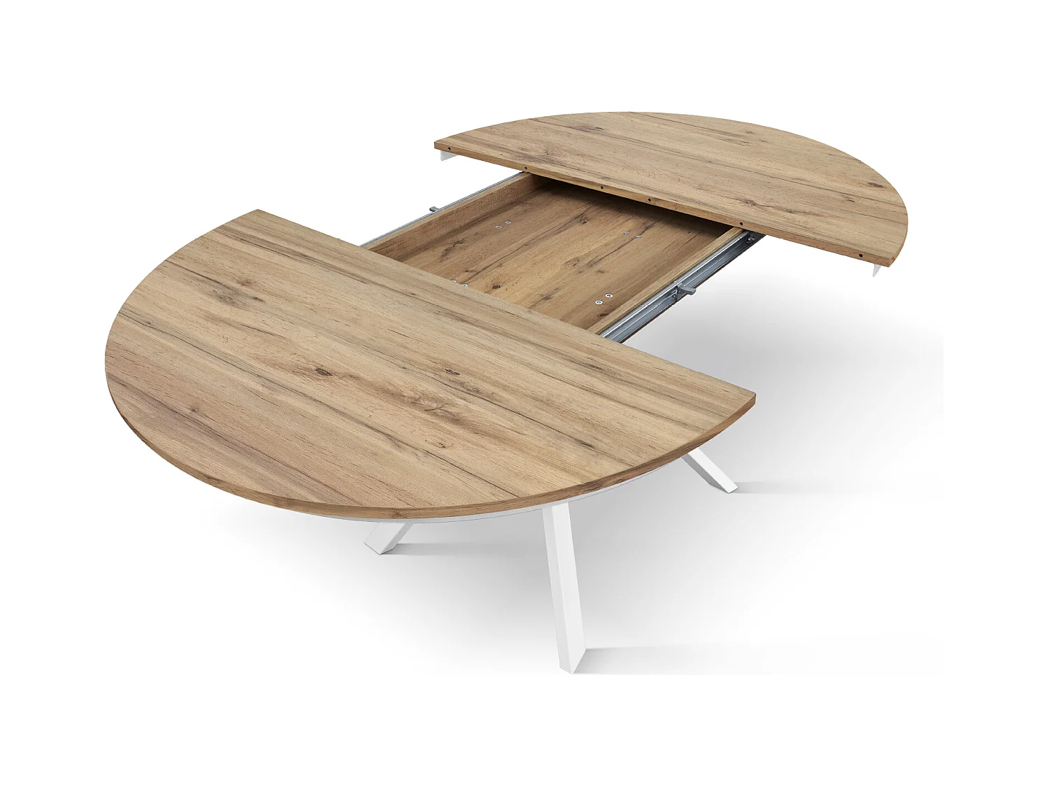 Tavolo Allungabile Gabri, Gambe Incrociate Shangay rotondo, Made in Italy, Basamento bianco, Rovere rustico