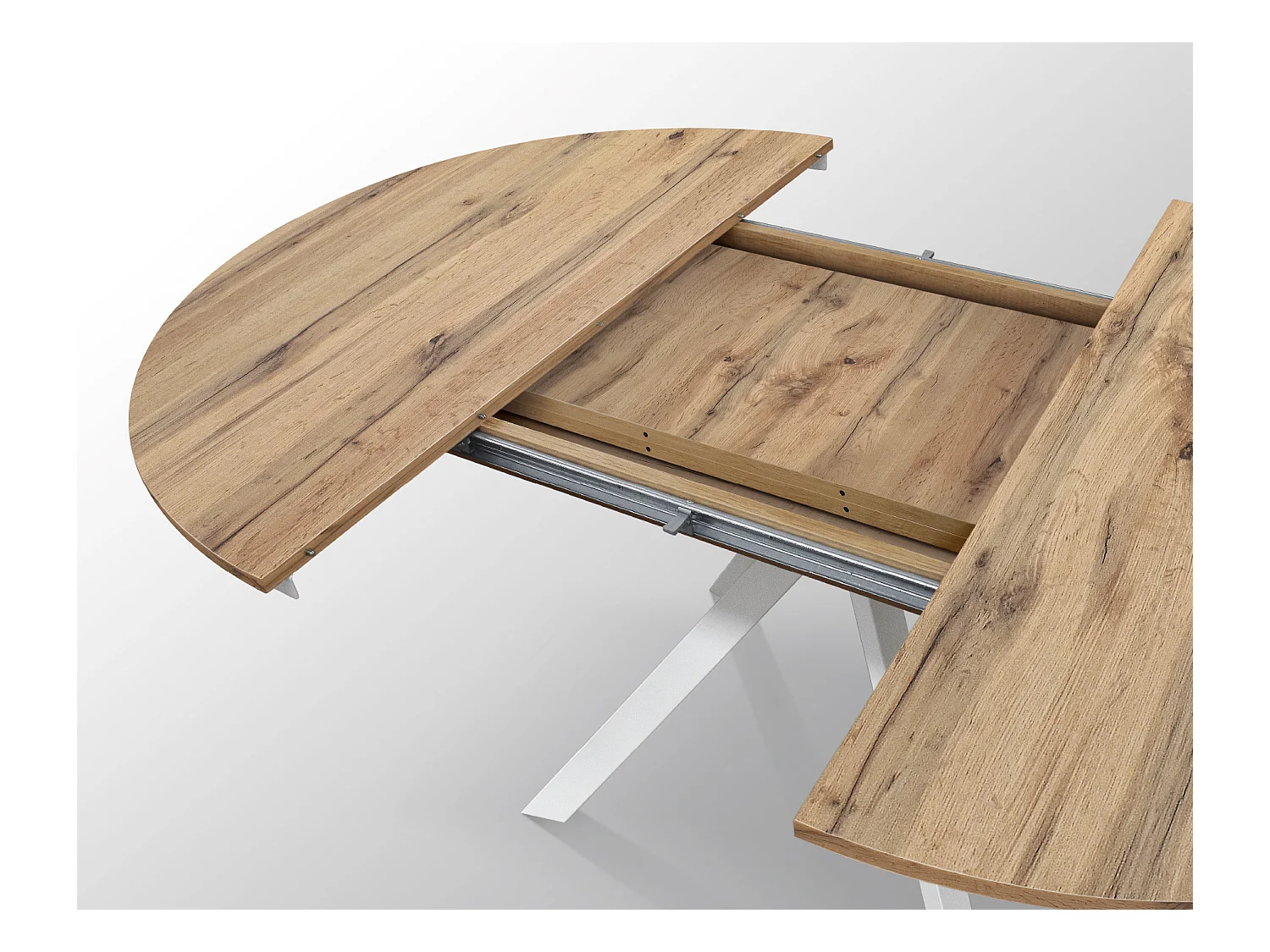 Tavolo Allungabile Gabri, Gambe Incrociate Shangay rotondo, Made in Italy, Basamento bianco, Rovere rustico