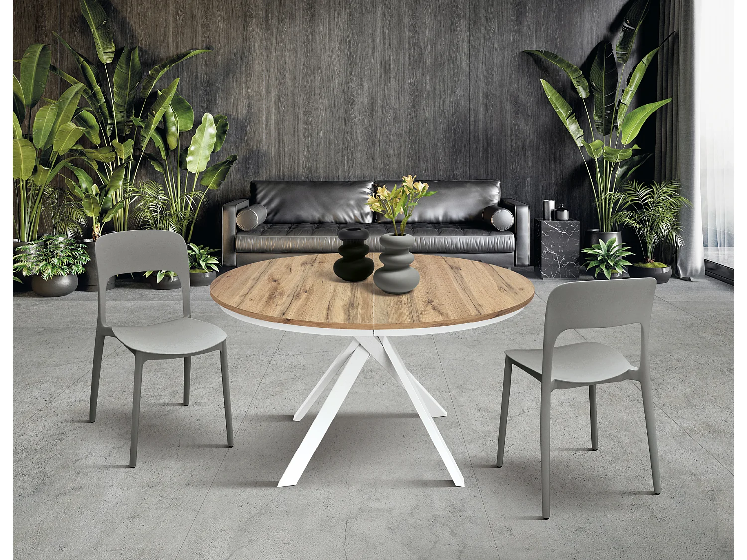 Tavolo Allungabile Gabri, Gambe Incrociate Shangay rotondo, Made in Italy, Basamento bianco, Rovere rustico