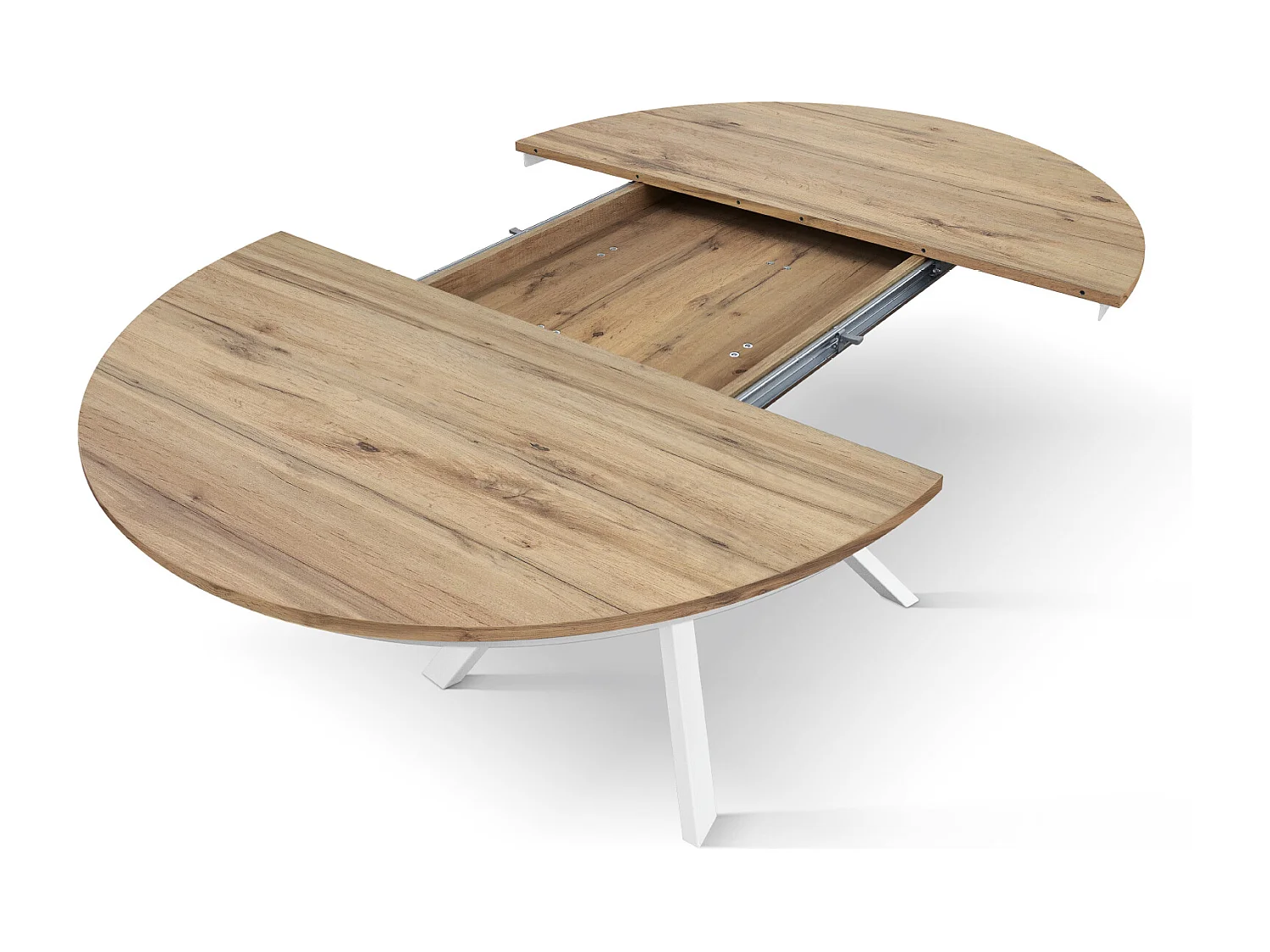 Tavolo Allungabile Gabri, Gambe Incrociate Shangay rotondo, Made in Italy, Basamento bianco, Rovere rustico