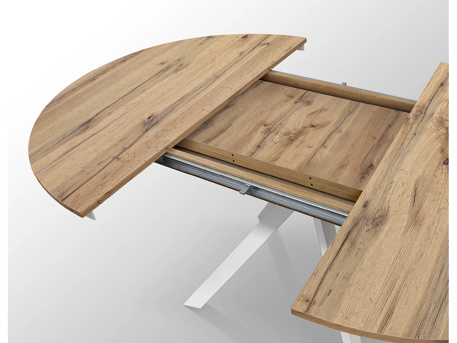 Tavolo Allungabile Gabri, Gambe Incrociate Shangay rotondo, Made in Italy, Basamento bianco, Rovere rustico