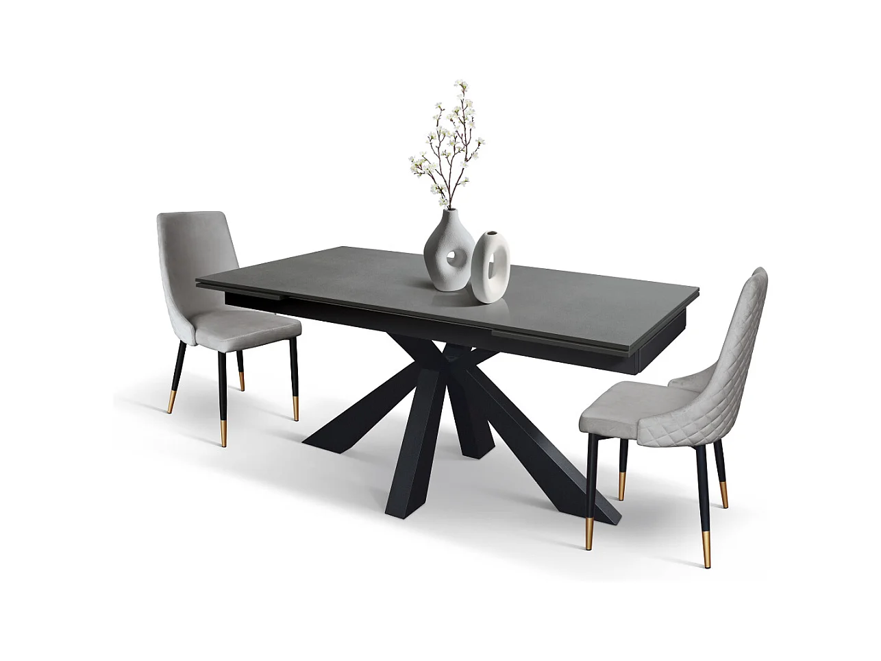 Tavolo allungabile Mario, Top in ceramica antracite, Basamento in metallo nero, da 160 a 240 cm