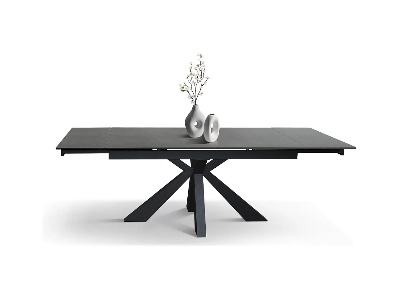 Tavolo allungabile Mario, Top in ceramica antracite, Basamento in metallo nero, da 160 a 240 cm