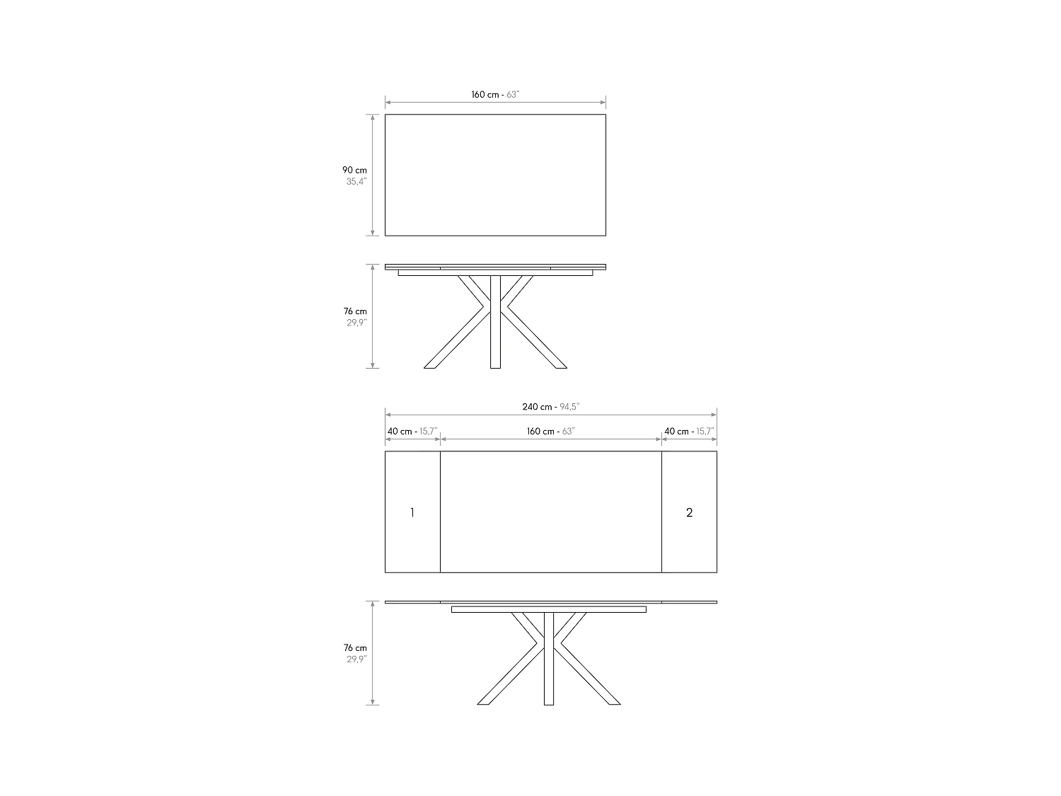 Tavolo allungabile Mario, Top in ceramica antracite, Basamento in metallo nero, da 160 a 240 cm