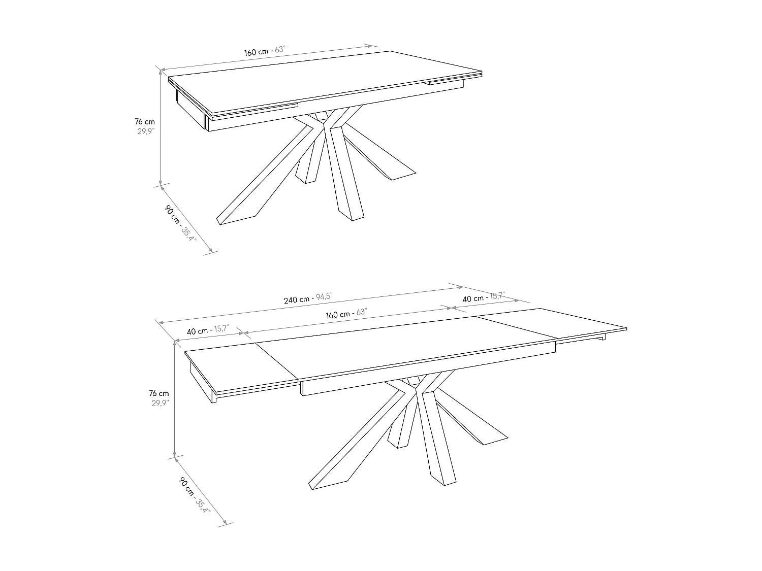 Tavolo allungabile Mario, Top in ceramica antracite, Basamento in metallo nero, da 160 a 240 cm