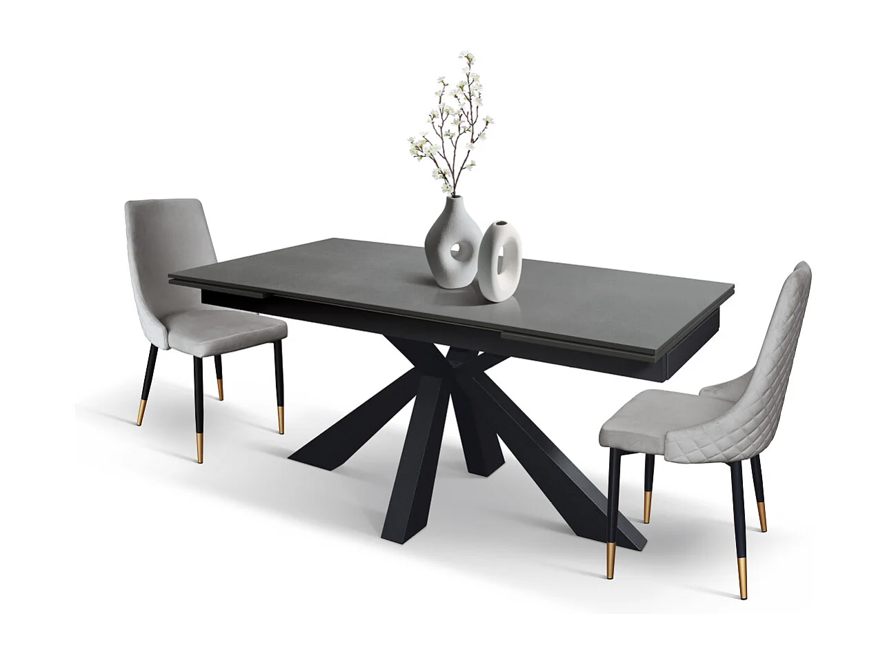 Tavolo allungabile Mario, Top in ceramica antracite, Basamento in metallo nero, da 160 a 240 cm