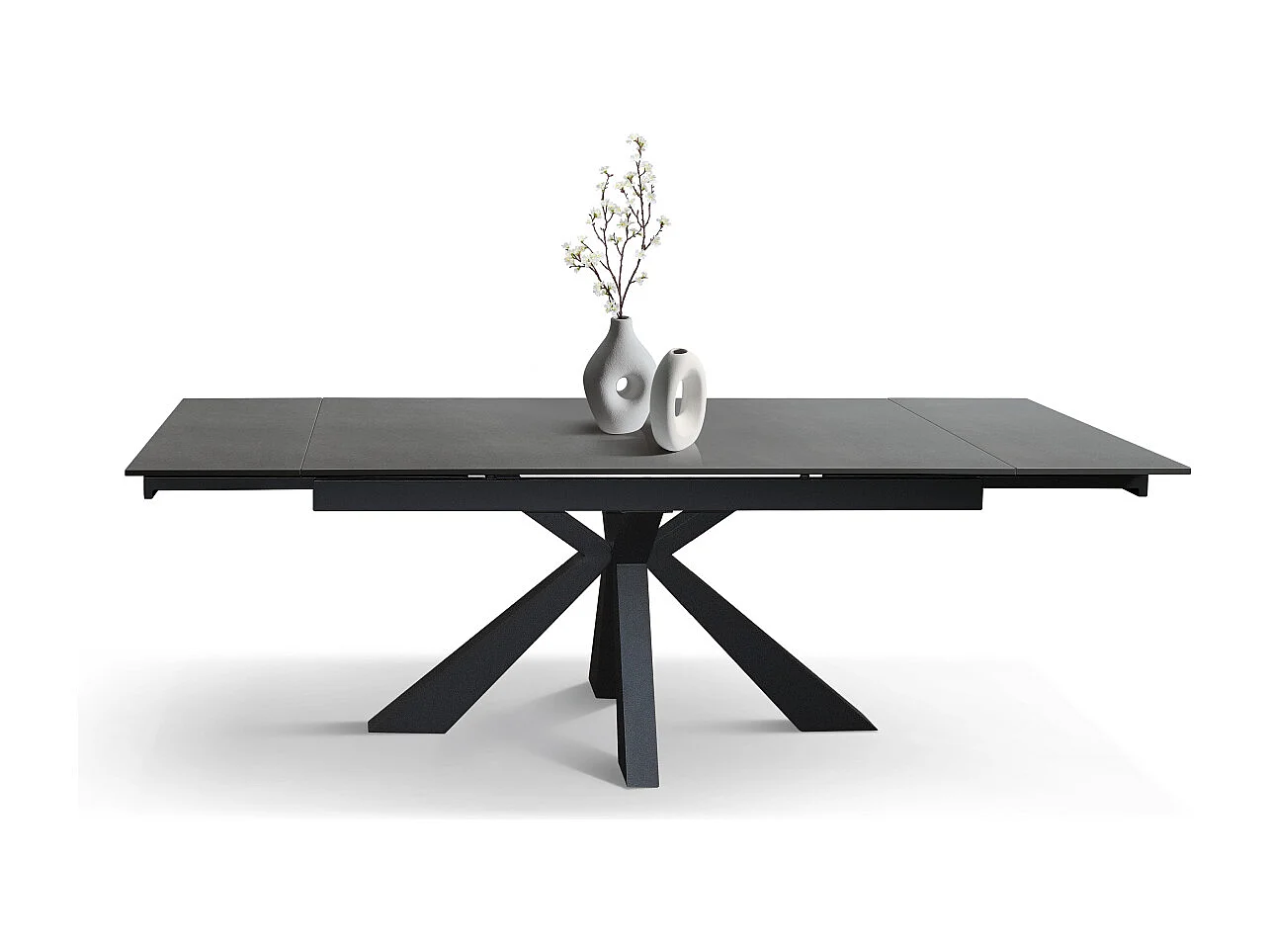 Tavolo allungabile Mario, Top in ceramica antracite, Basamento in metallo nero, da 160 a 240 cm