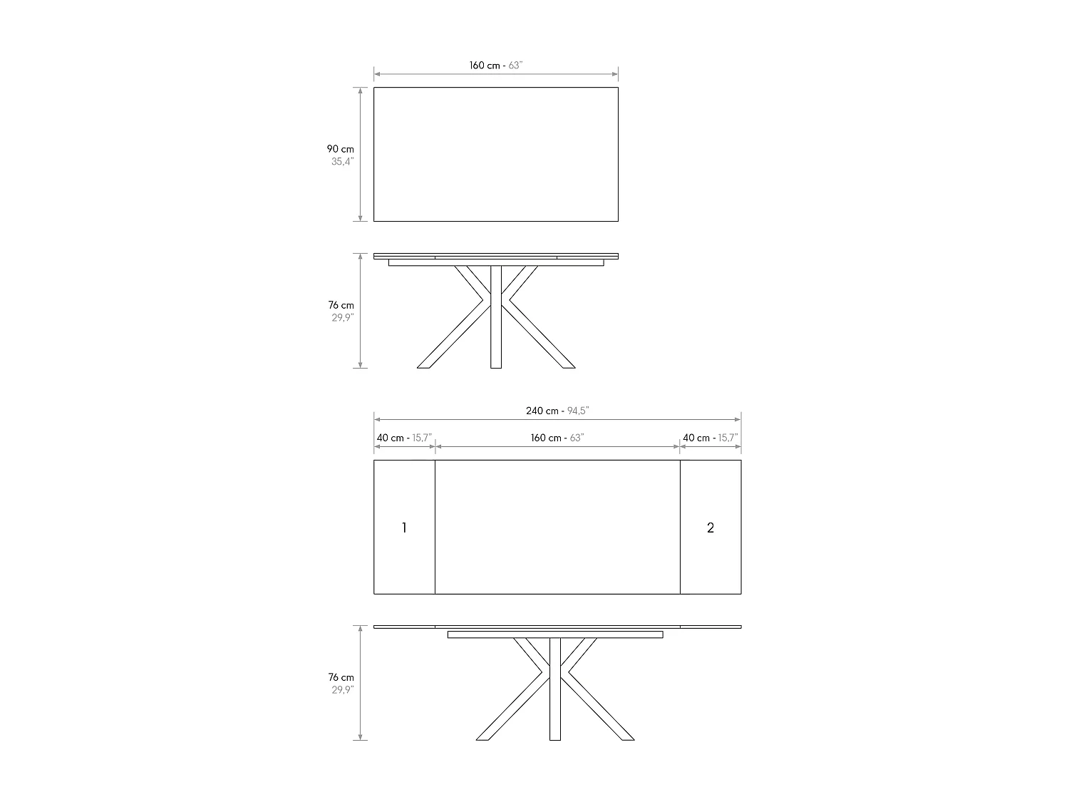 Tavolo allungabile Mario, Top in ceramica antracite, Basamento in metallo nero, da 160 a 240 cm