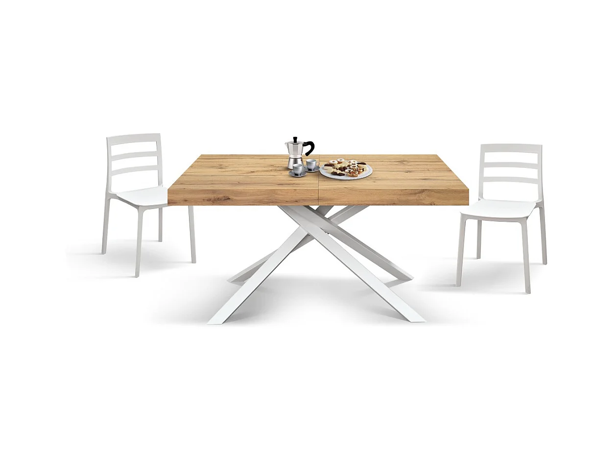 Tavolo Allungabile George, Gambe Incrociate , Made in Italy, 160 x 90 x 74 cm, Rovere rustico con Gamba Bianca
