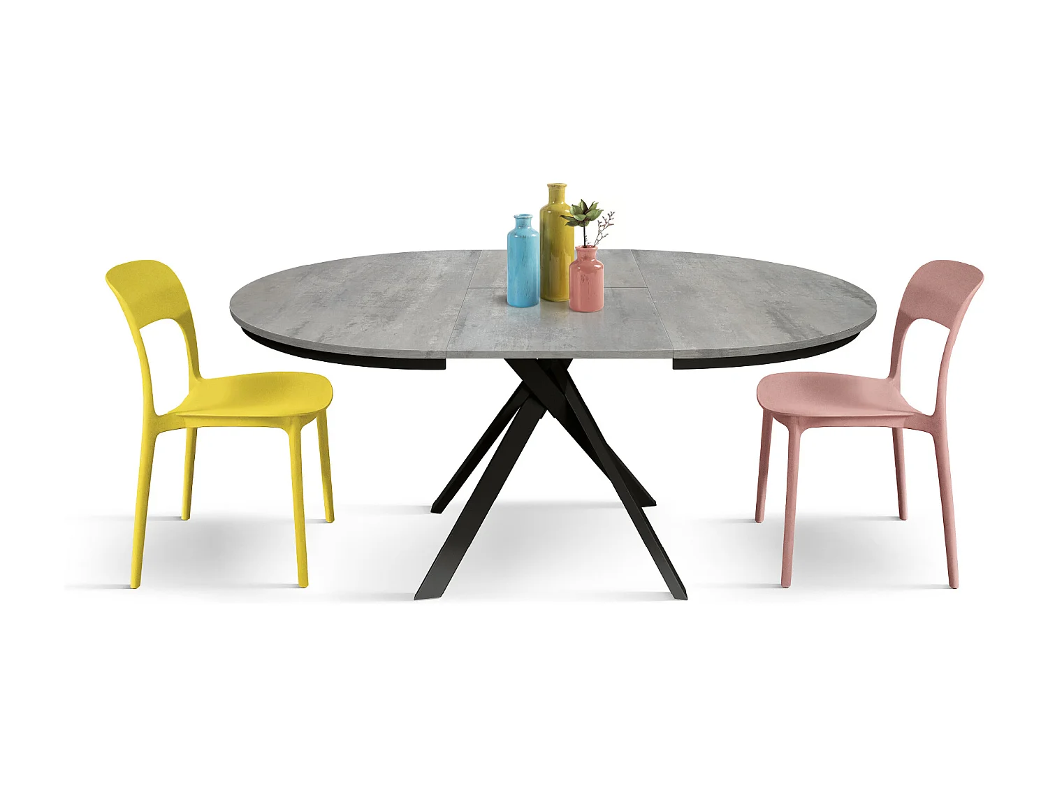 Tavolo Allungabile Lino, Gambe Incrociate Shangay rotondo, Made in Italy, Basamento nero, Grigio cemento