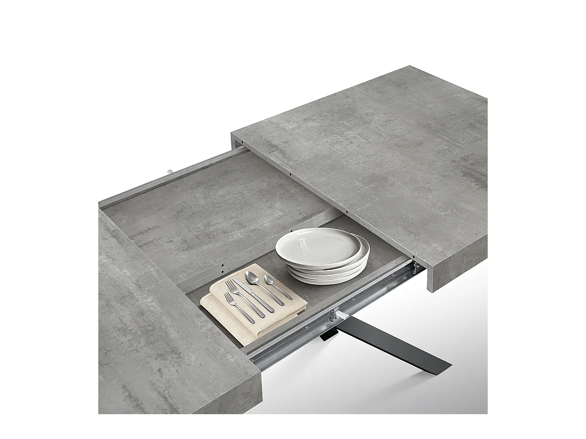 Tavolo Allungabile Desirè, Gambe Incrociate, Made in Italy, 140 x 90 x 74 cm, Grigio Cemento con Gamba Nera