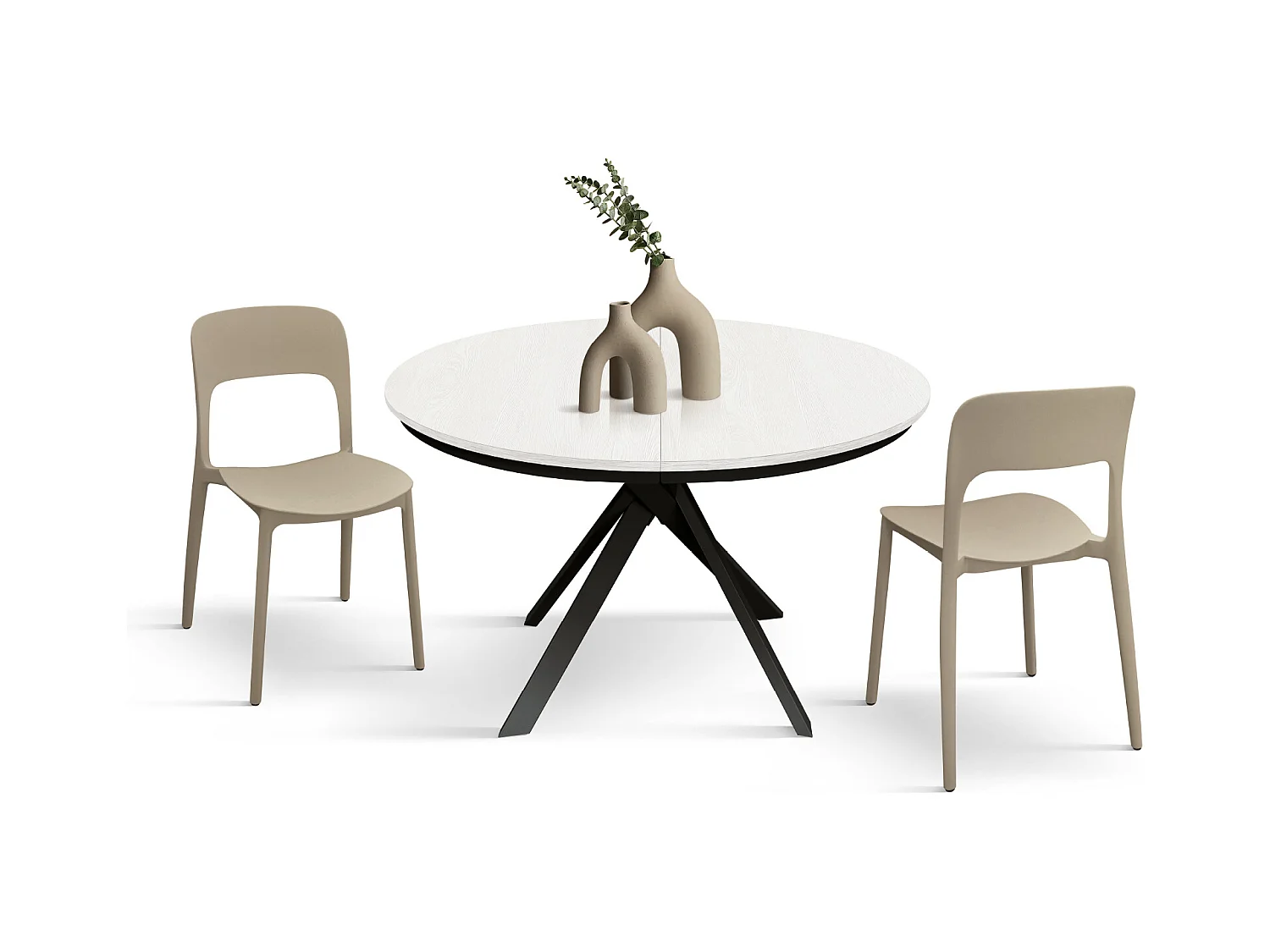 Tavolo Allungabile Karem, Gambe Incrociate Shangay rotondo, Made in Italy, Basamento nero, Bianco frassinato