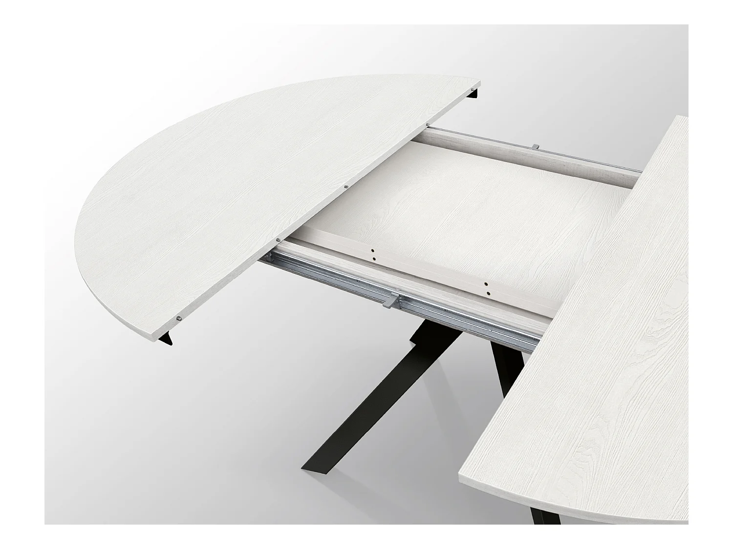 Tavolo Allungabile Karem, Gambe Incrociate Shangay rotondo, Made in Italy, Basamento nero, Bianco frassinato