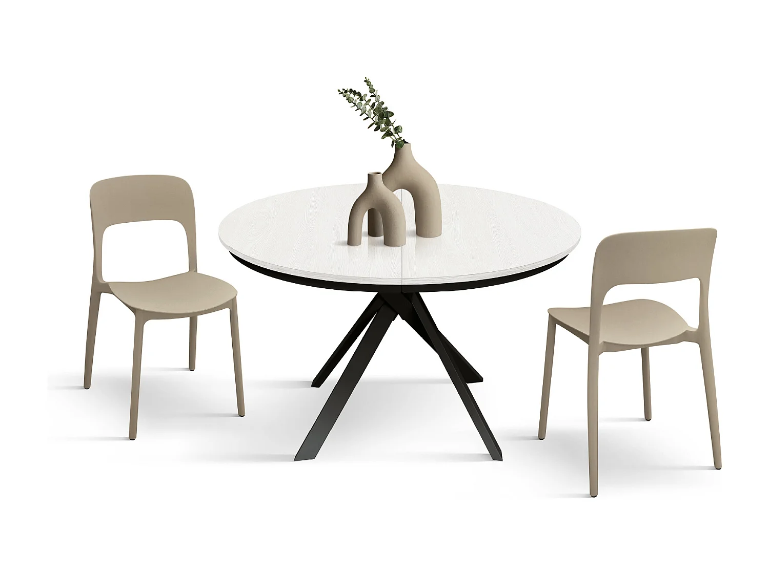 Tavolo Allungabile Karem, Gambe Incrociate Shangay rotondo, Made in Italy, Basamento nero, Bianco frassinato