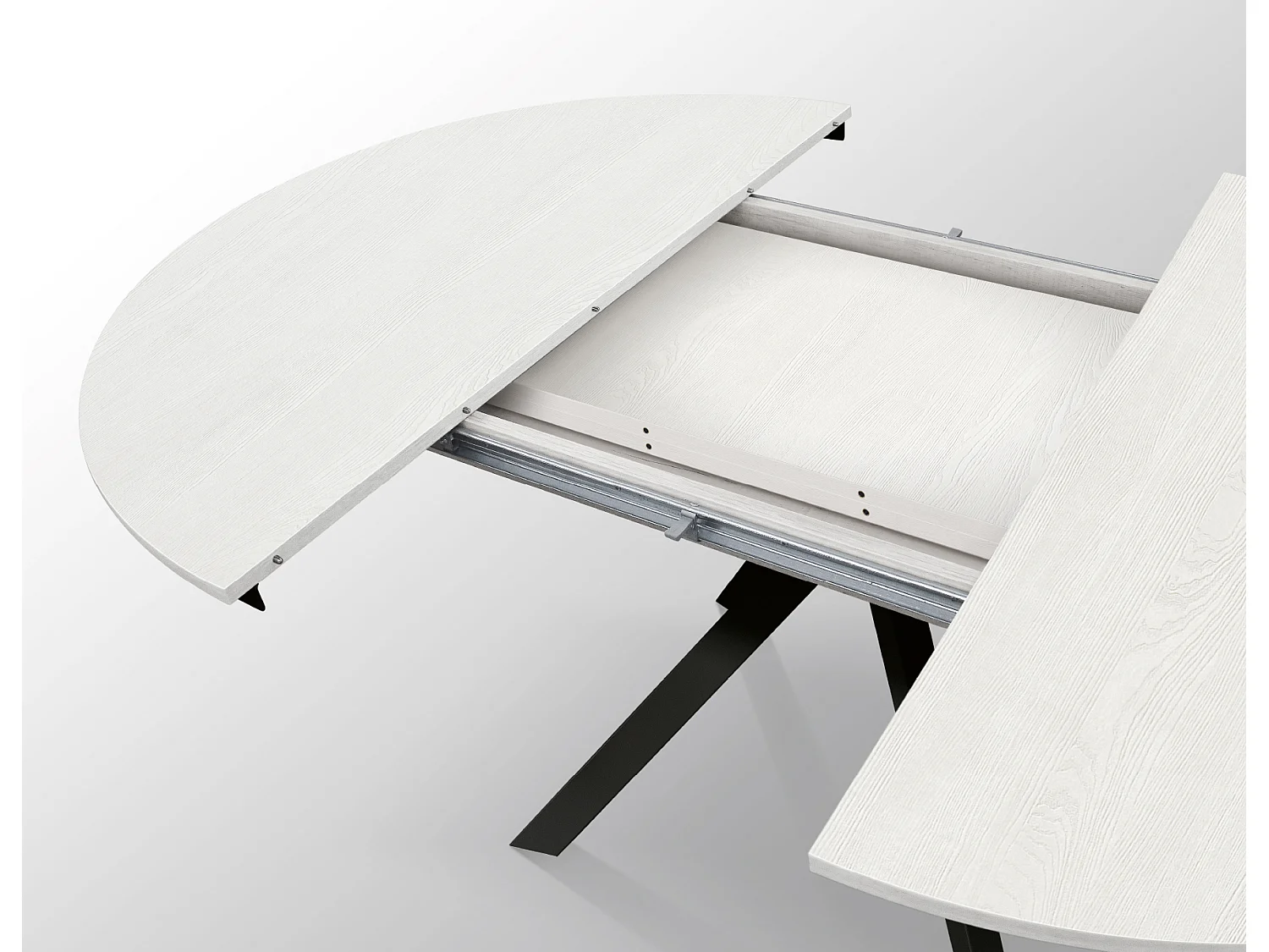 Tavolo Allungabile Karem, Gambe Incrociate Shangay rotondo, Made in Italy, Basamento nero, Bianco frassinato