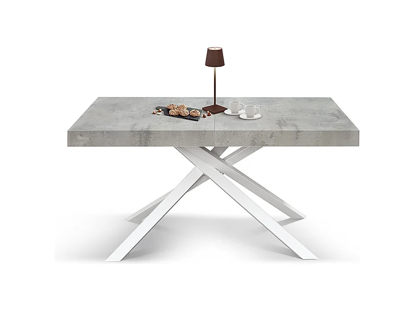 Tavolo Allungabile Desirè, Gambe Incrociate, Made in Italy, 140 x 90 x 74 cm, Grigio Cemento con Gamba Bianca