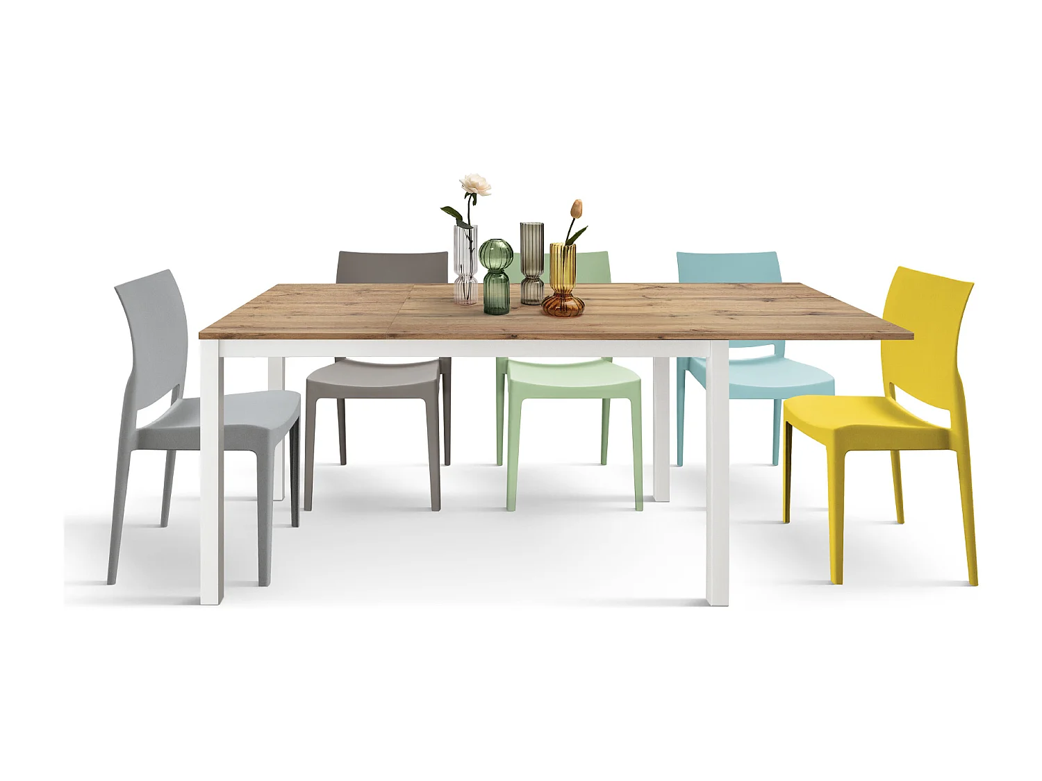 Tavolo allungabile Elena, Top nobilitato, Base Metallo,Made in Italy, Basamento bianco, Rovere rustico, 160x90x75