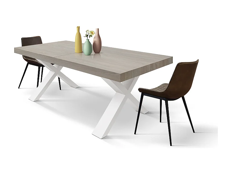 Tavolo Allungabile Sofia, Gambe Incrociate a X, Made in Italy, Basamento bianco, Olmo perla, 160x90x76 cm