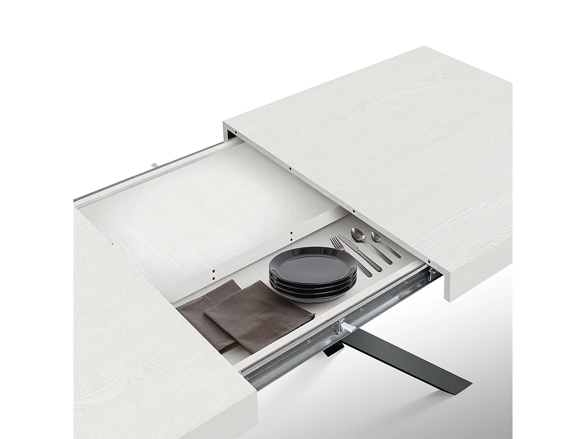 Tavolo Allungabile Filippo, Gambe Incrociate, Made in Italy, 160 x 90 x 74 cm, Bianco Frassinato con Gamba Nera
