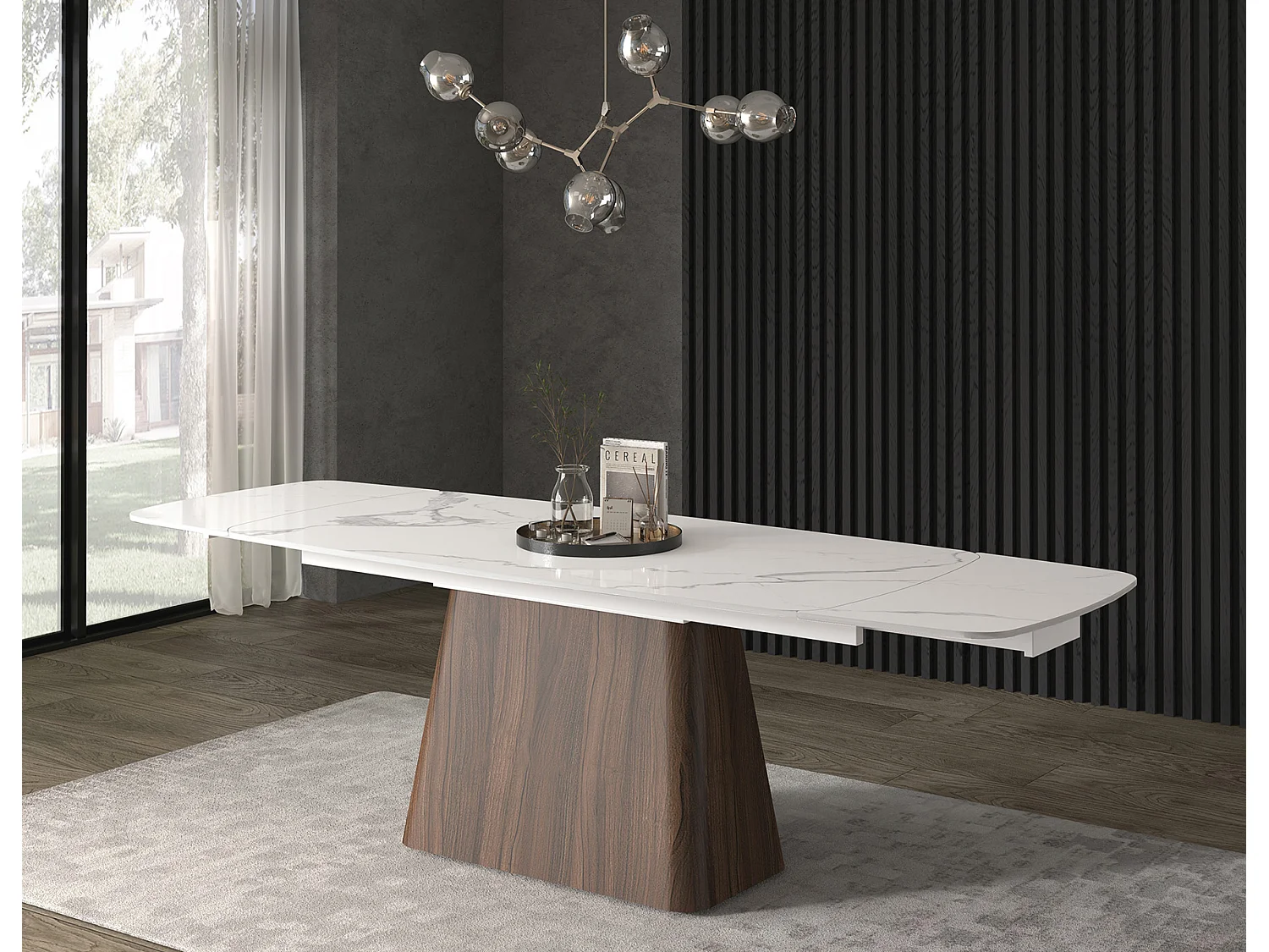 Tavolo Allungabile Teresa, Piano In Ceramica Bianco Statuario, Gambe Noce, Tavolo Cucina, Tavolo Soggiorno, Tavolo Ceramica, 160 x 90 x h76 cm