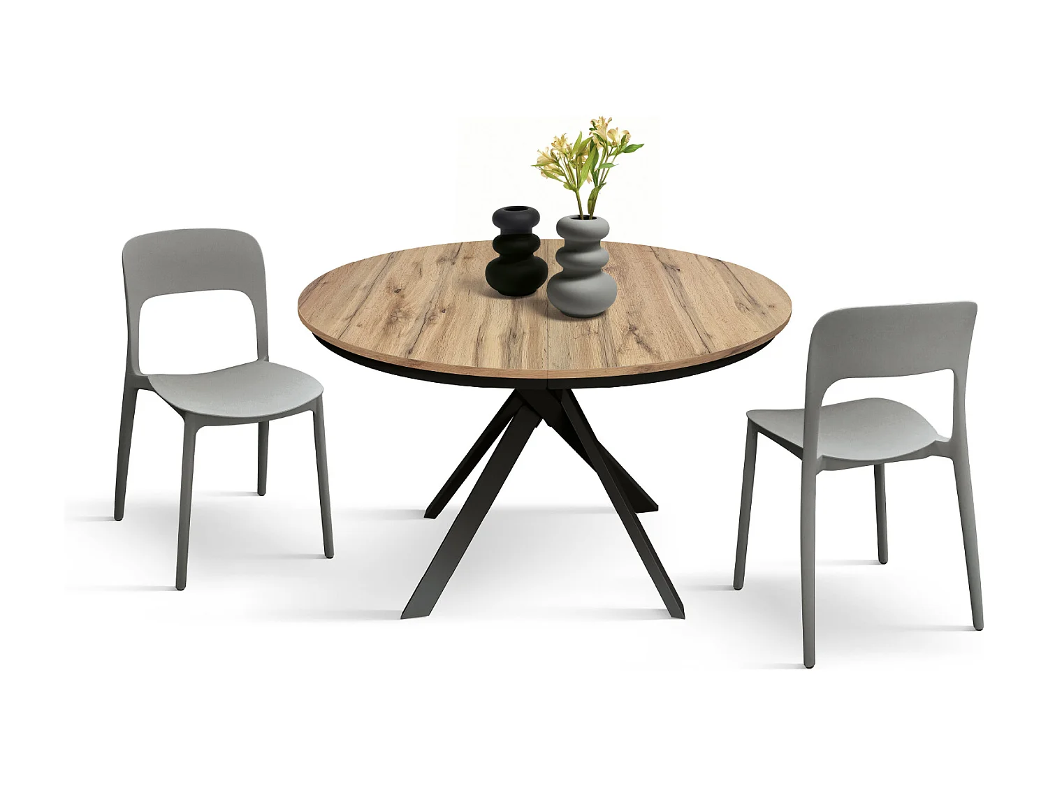 Tavolo Allungabile Gabri, Gambe Incrociate Shangay rotondo, Made in Italy,Basamento nero, Rovere rustico