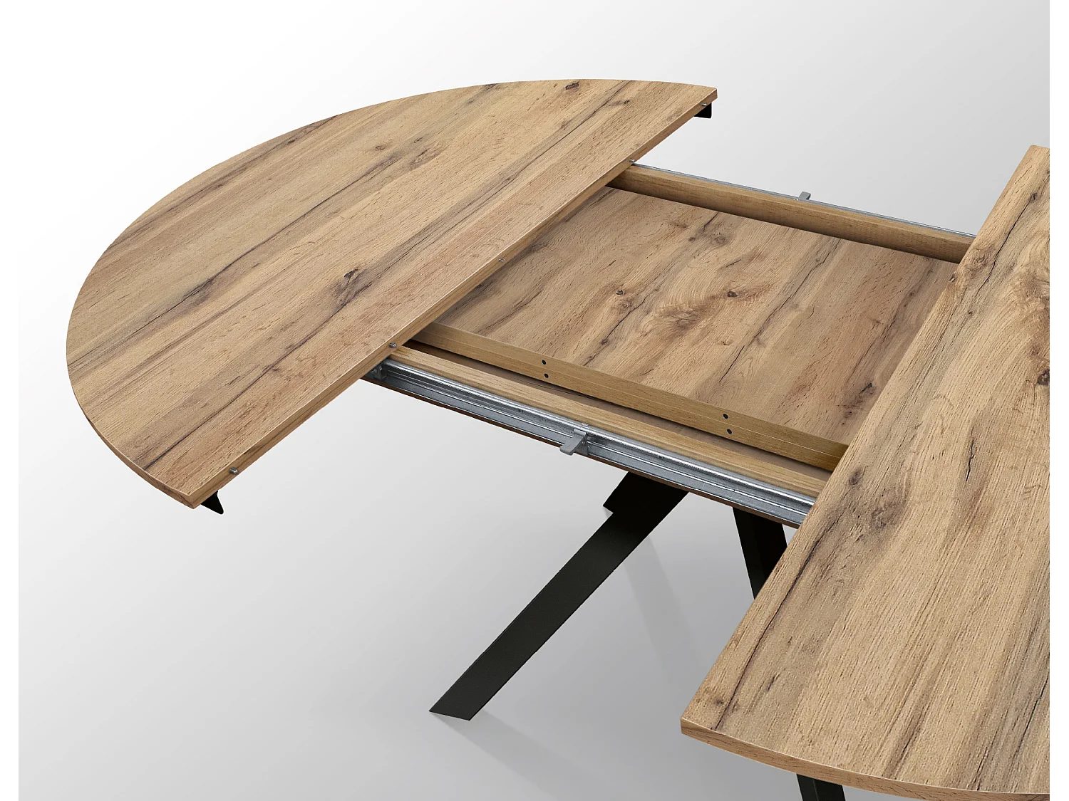 Tavolo Allungabile Gabri, Gambe Incrociate Shangay rotondo, Made in Italy,Basamento nero, Rovere rustico