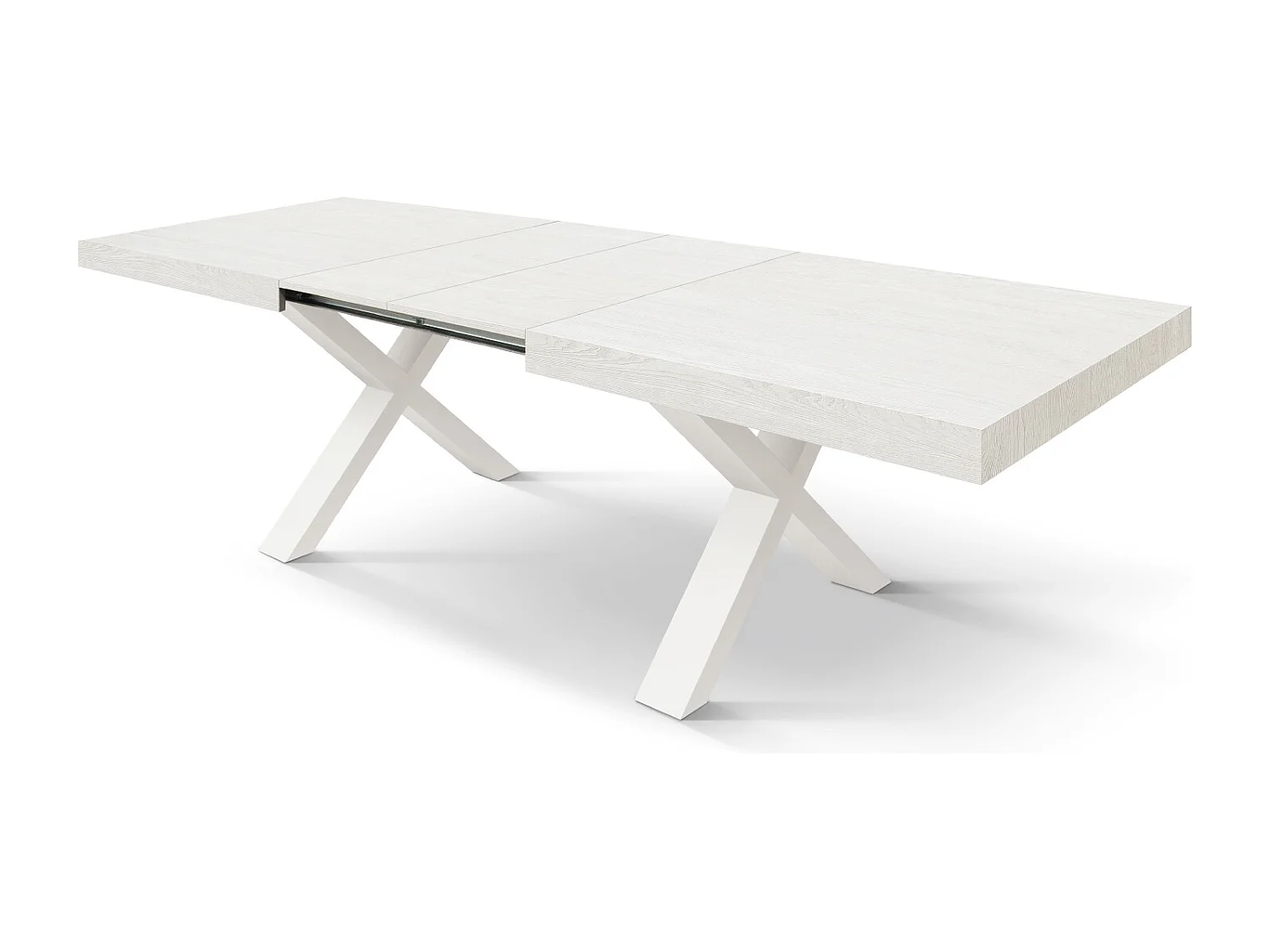 Tavolo Allungabile Linda, Gambe Incrociate a X, Made in Italy, Basamento bianco, Bianco frassinato, 180x90x76