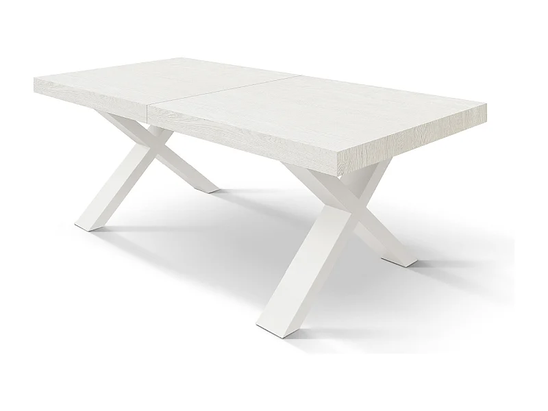 Tavolo Allungabile Linda, Gambe Incrociate a X, Made in Italy, Basamento bianco, Bianco frassinato, 180x90x76