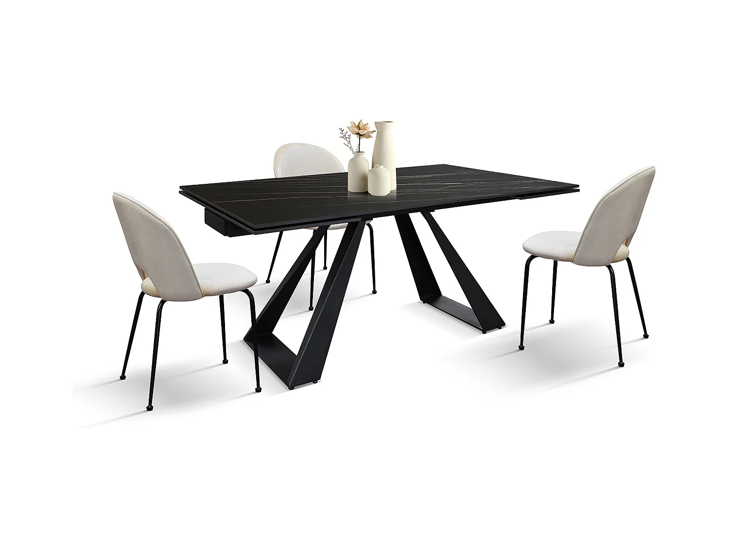 Tavolo allungabile Adriano, Top in ceramica nero golden, gambe in metallo nere a U, 160x90 cm