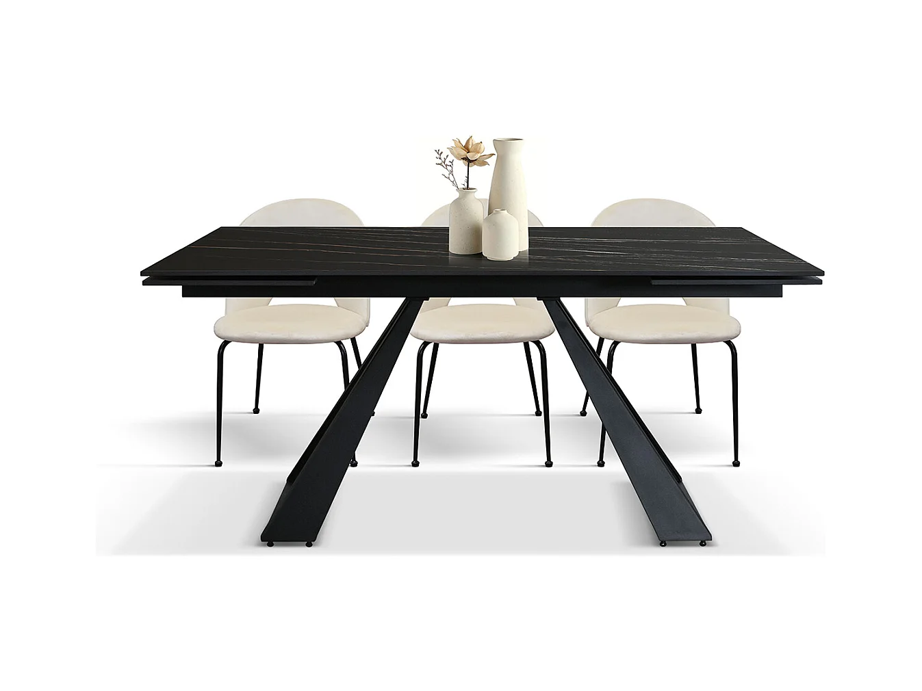 Tavolo allungabile Adriano, Top in ceramica nero golden, gambe in metallo nere a U, 160x90 cm