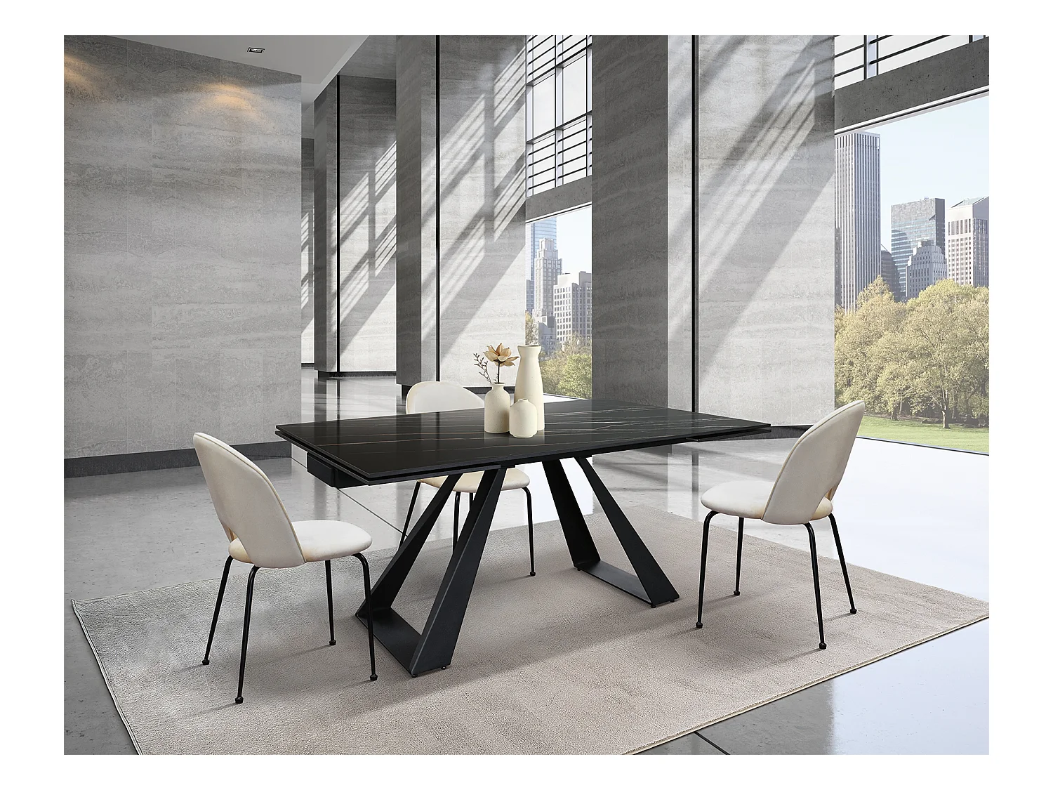 Tavolo allungabile Adriano, Top in ceramica nero golden, gambe in metallo nere a U, 160x90 cm