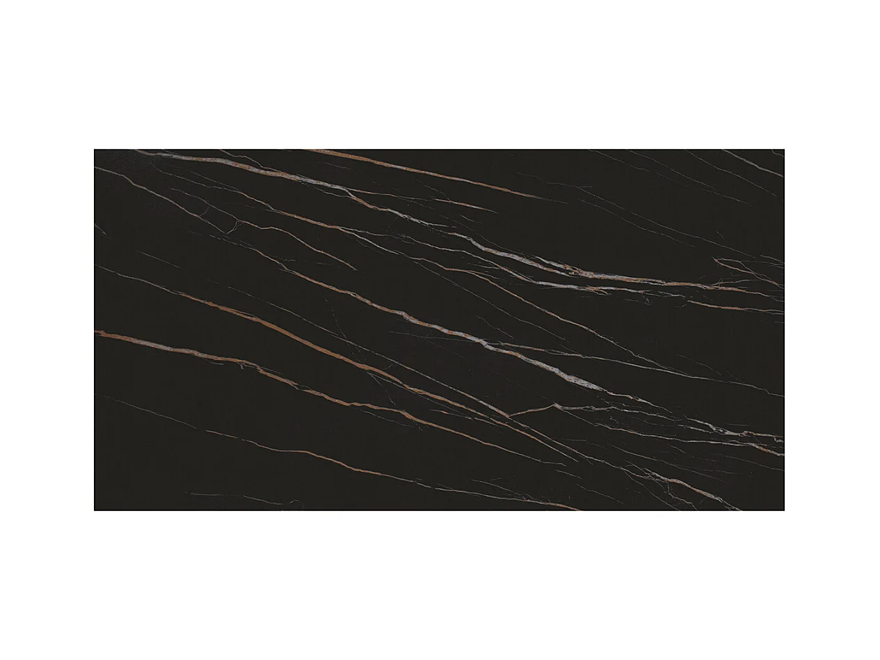 Tavolo allungabile Adriano, Top in ceramica nero golden, gambe in metallo nere a U, 160x90 cm