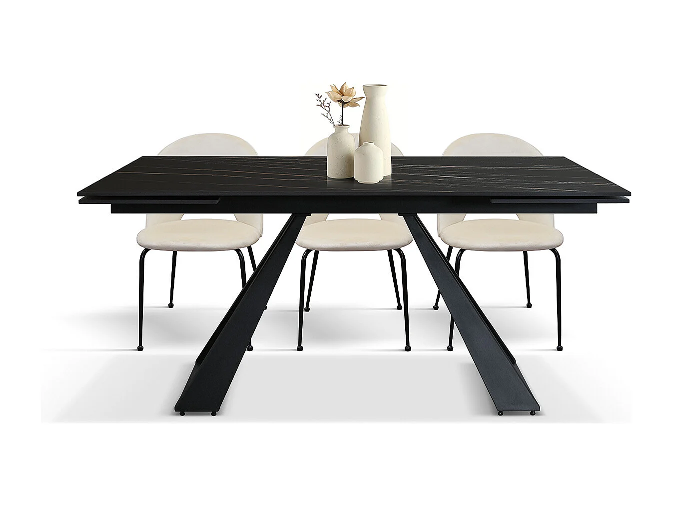 Tavolo allungabile Adriano, Top in ceramica nero golden, gambe in metallo nere a U, 160x90 cm