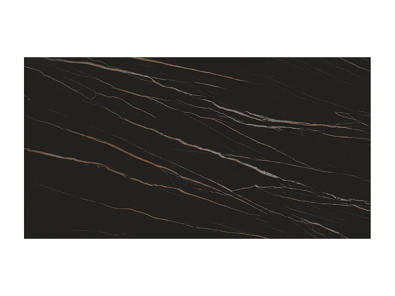 Tavolo allungabile Adriano, Top in ceramica nero golden, gambe in metallo nere a U, 160x90 cm