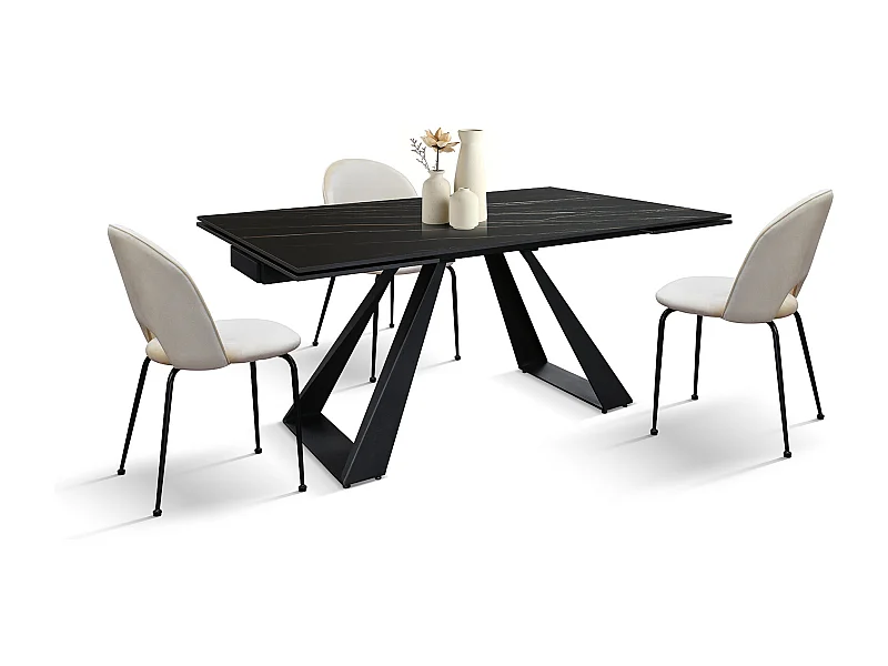 Tavolo allungabile Adriano, Top in ceramica nero golden, gambe in metallo nere a U, 160x90 cm