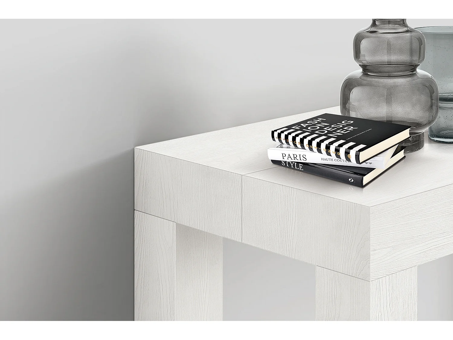 Tavolo Consolle allungabile Virginia, bianco frassinato, Nobilitato,Made in Italy, da 45 a 300 cm