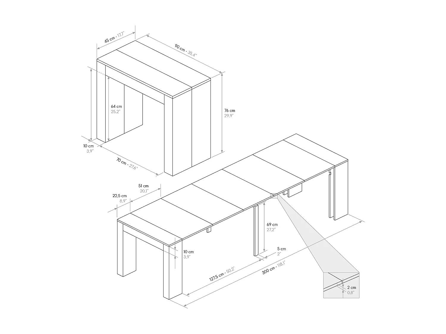Tavolo Consolle Allungabile Carine, Rovere rustico, Made in Italy, da 45 a 300 cm