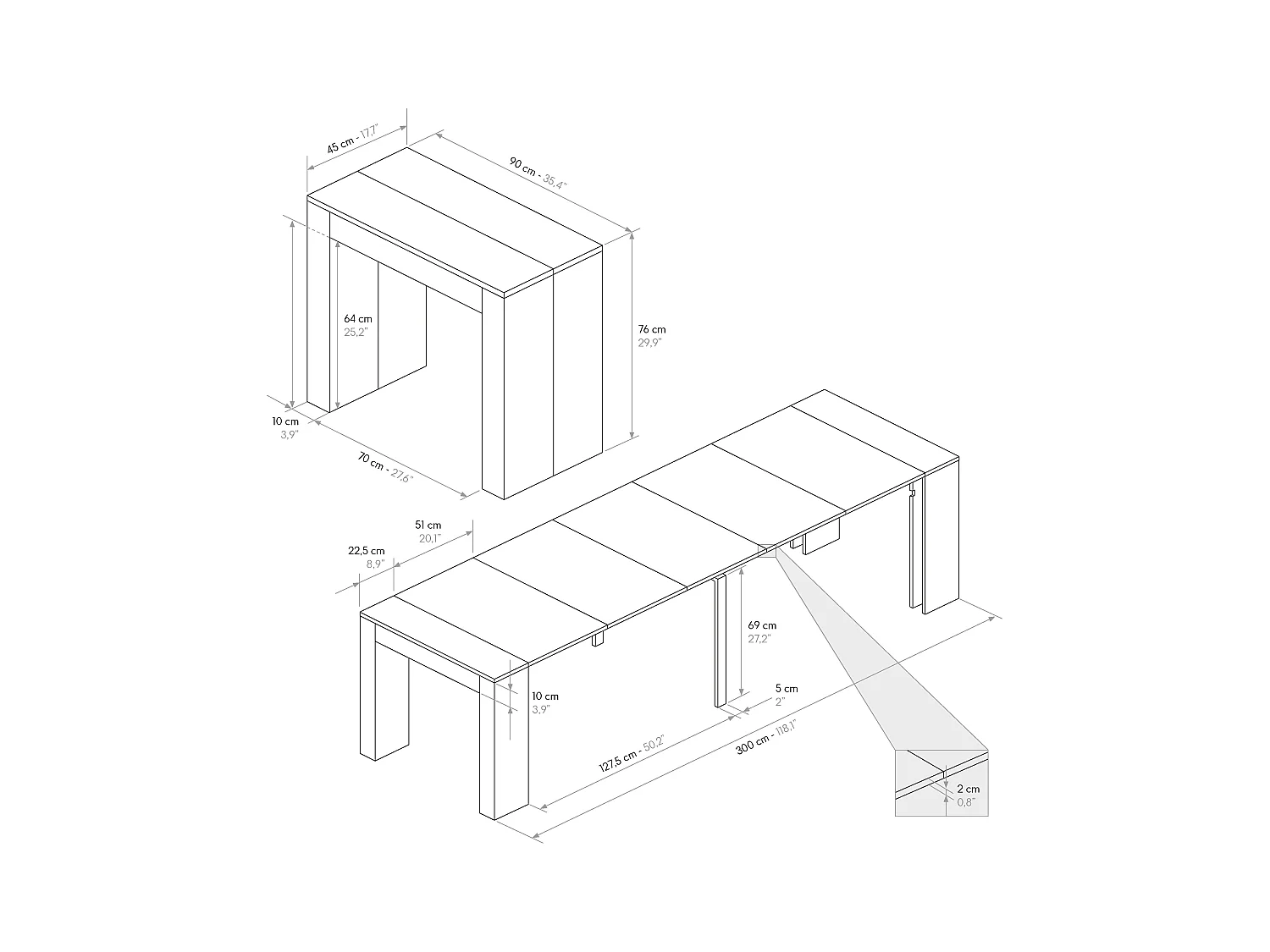 Tavolo Consolle Allungabile Josè, Grigio cemento, Made in Italy, da 45 a 300 cm