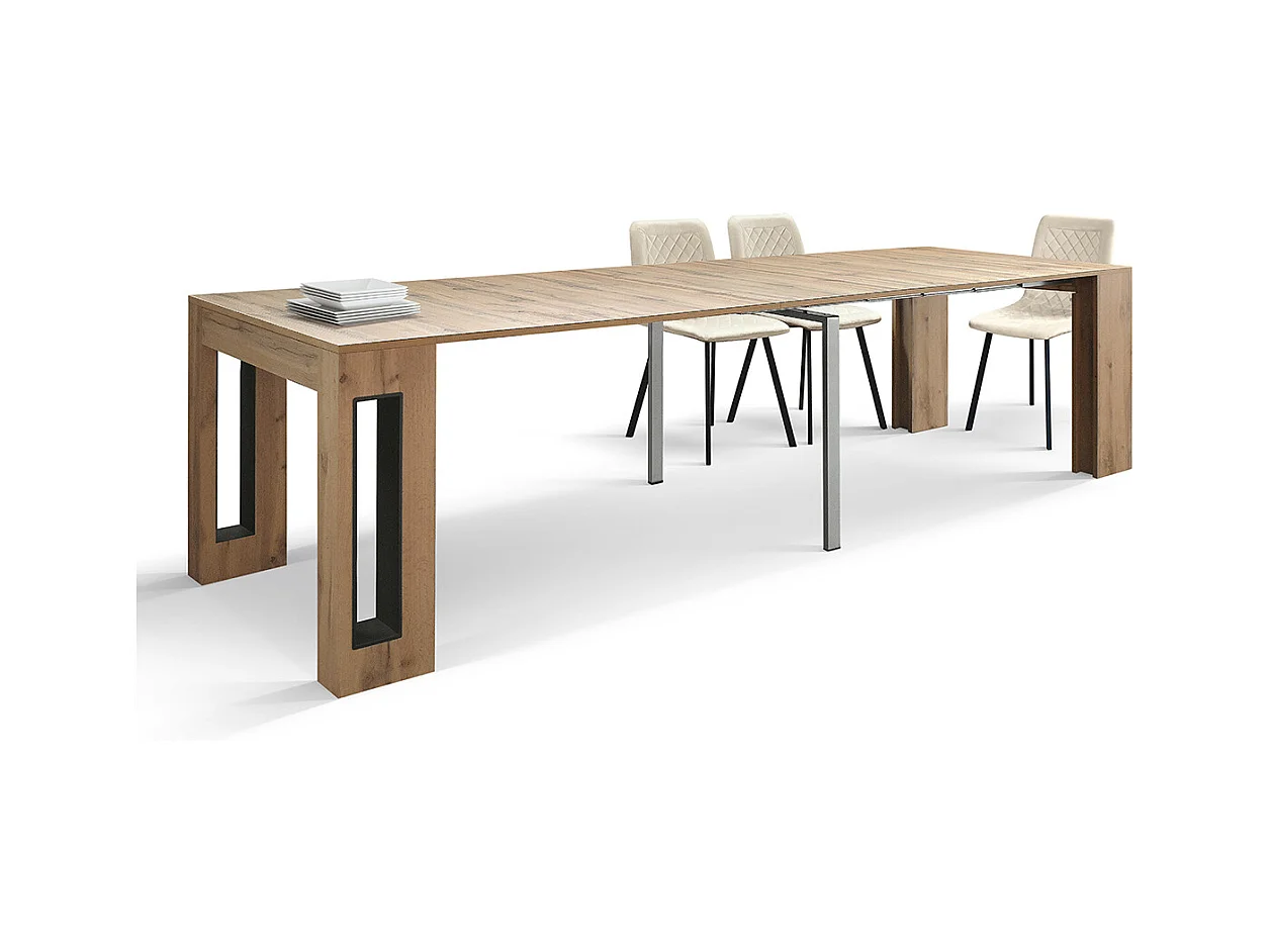 Tavolo Consolle Allungabile con porta prolunghe Elvire, Rovere Rustico, Made in Italy, da 45 a 300 cm