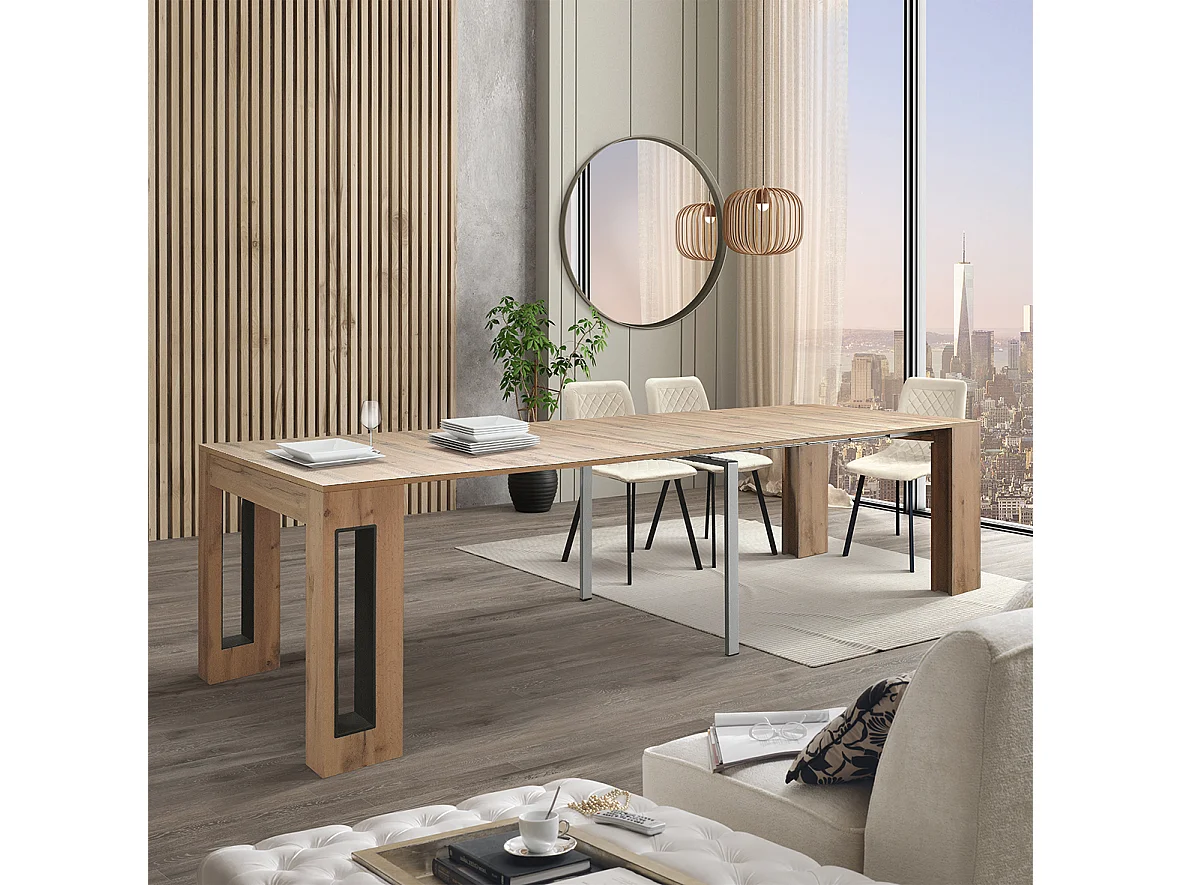 Tavolo Consolle Allungabile con porta prolunghe Elvire, Rovere Rustico, Made in Italy, da 45 a 300 cm