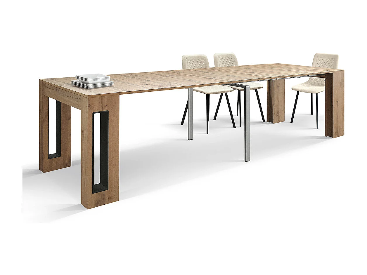 Tavolo Consolle Allungabile con porta prolunghe Elvire, Rovere Rustico, Made in Italy, da 45 a 300 cm