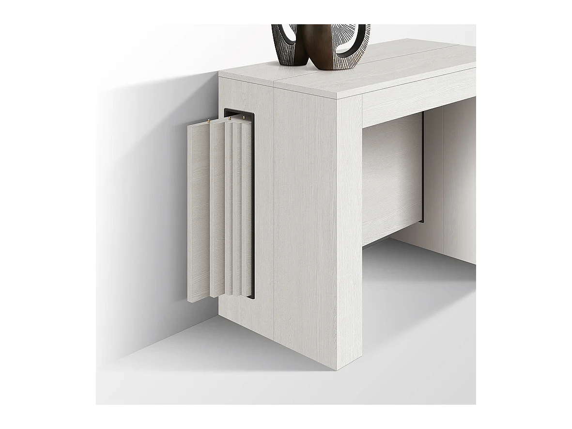 Tavolo Consolle Allungabile con porta prolunghe Paola, Bianco Frassinato, Made in Italy, da 45 a 300 cm