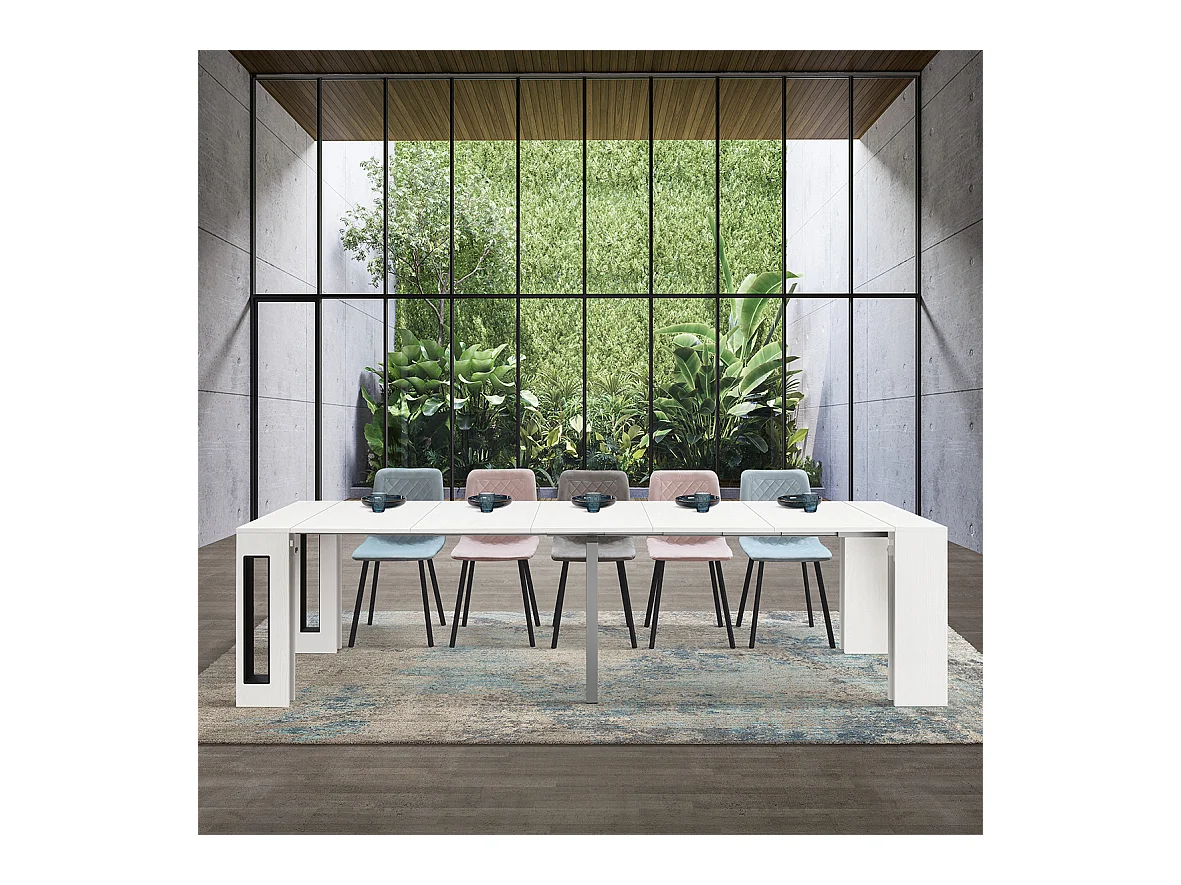 Tavolo Consolle Allungabile con porta prolunghe Paola, Bianco Frassinato, Made in Italy, da 45 a 300 cm