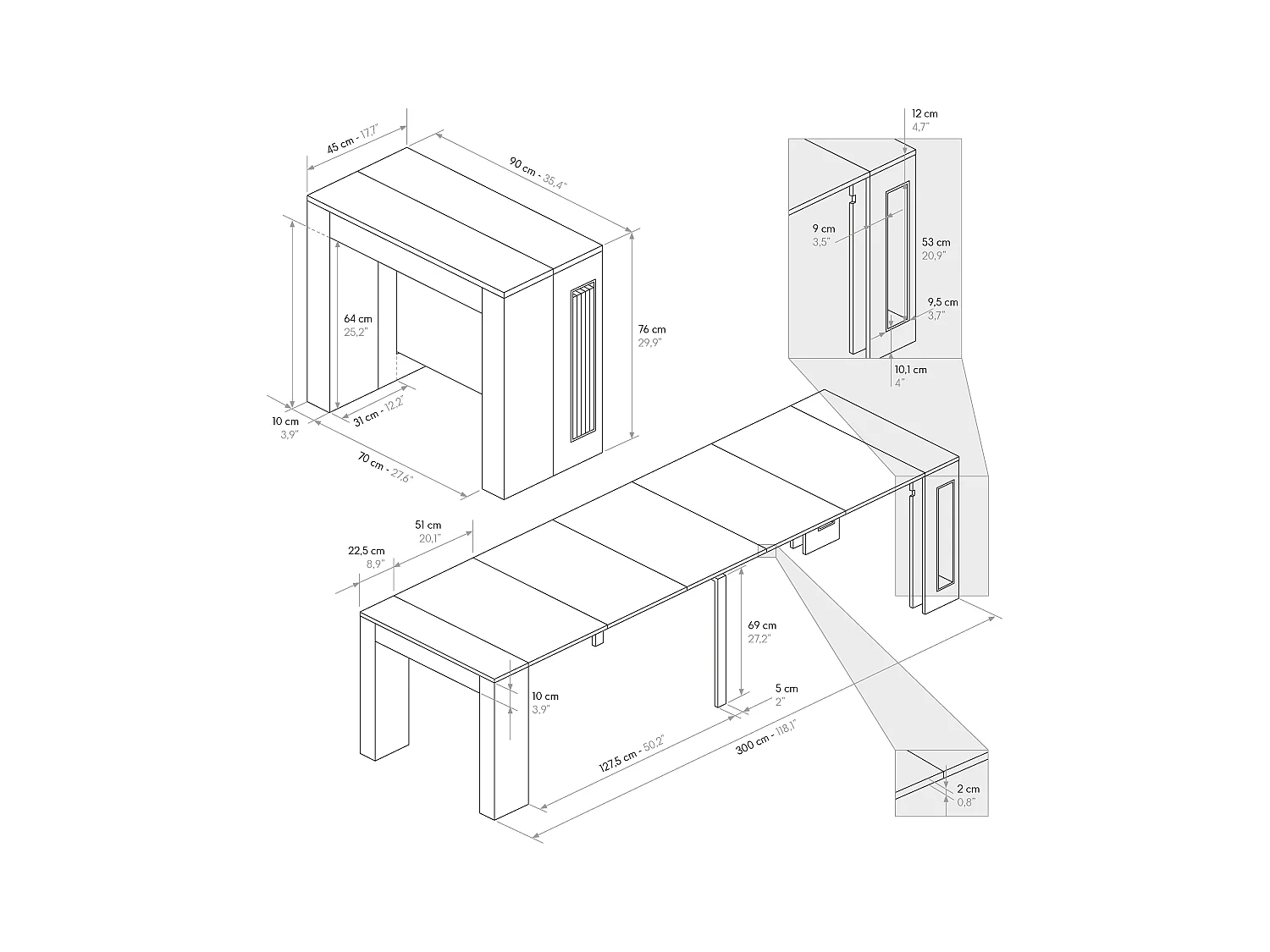 Tavolo Consolle Allungabile con porta prolunghe Paola, Bianco Frassinato, Made in Italy, da 45 a 300 cm