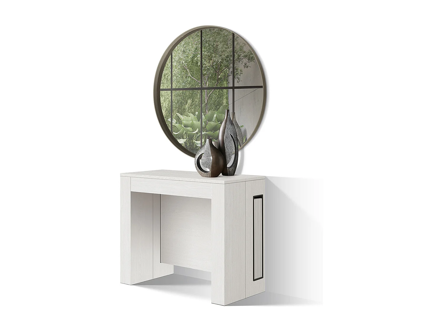 Tavolo Consolle Allungabile con porta prolunghe Paola, Bianco Frassinato, Made in Italy, da 45 a 300 cm