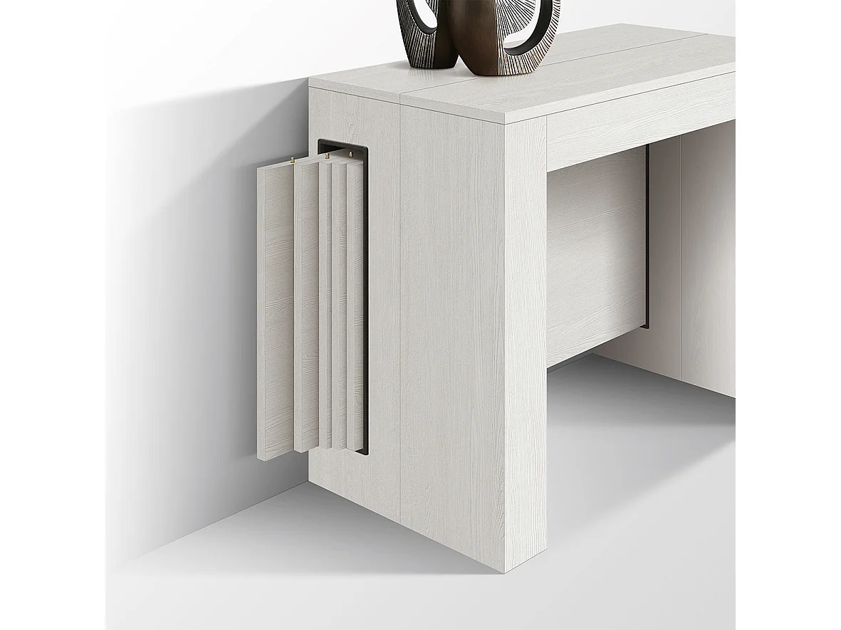 Tavolo Consolle Allungabile con porta prolunghe Paola, Bianco Frassinato, Made in Italy, da 45 a 300 cm