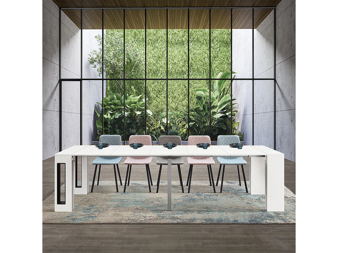 Tavolo Consolle Allungabile con porta prolunghe Paola, Bianco Frassinato, Made in Italy, da 45 a 300 cm