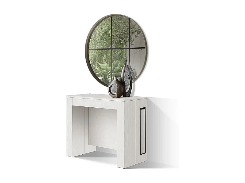 Tavolo Consolle Allungabile con porta prolunghe Paola, Bianco Frassinato, Made in Italy, da 45 a 300 cm