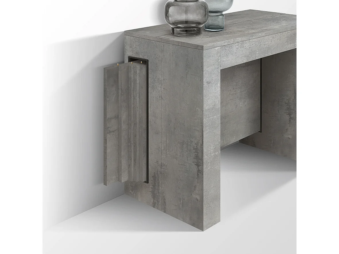 Tavolo Consolle Allungabile con porta prolunghe Marie, Grigio Cemento, Made in Italy, da 45 a 300 cm
