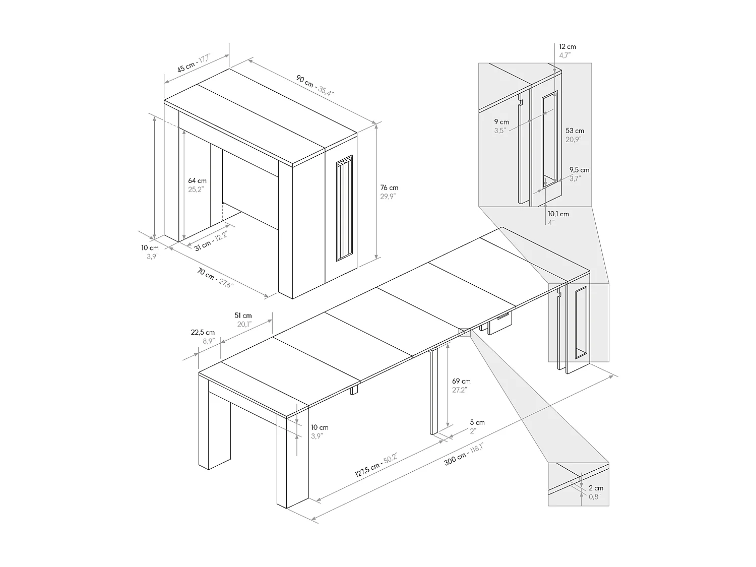 Tavolo Consolle Allungabile con porta prolunghe Marie, Grigio Cemento, Made in Italy, da 45 a 300 cm